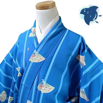 C23 치도리야 기모노 코몬 워셔블 기모노 화학 섬유 부채 춤 파랑