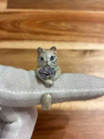 ANNA SUI 안나수이 고양이 실버 반지 보라색 꽃 포함