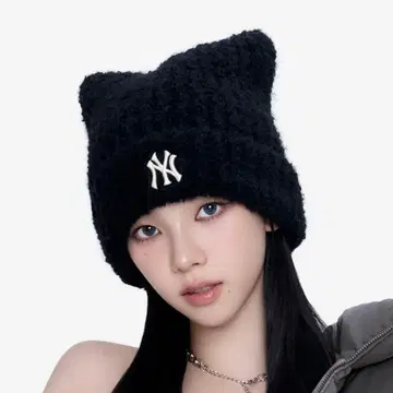 한국 MLB korea 고양이 귀 니트 모자 블랙