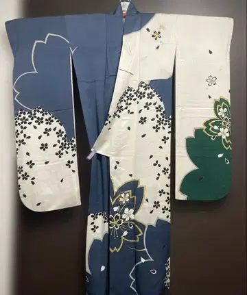 후리소데 청록색 화이트 벚꽃 금채 순수 실크 톨 사이즈