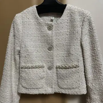 화이트 트위드 노카라 자켓