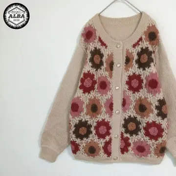 [ 새상품급 ] 가디건 니트 스웨터 꽃무늬 자수 레트로 베이지 걸리시