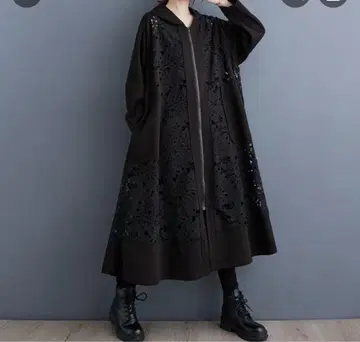 미사용품 후드 부착 블랙 롱 코트