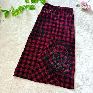 GHOST of HARLEM 스컬 프린트 체크 롱 스커트 빨간색