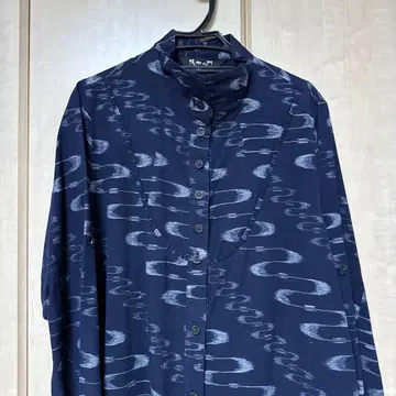 기우에몬 네이비 추상 패턴 롱 셔츠 원피스