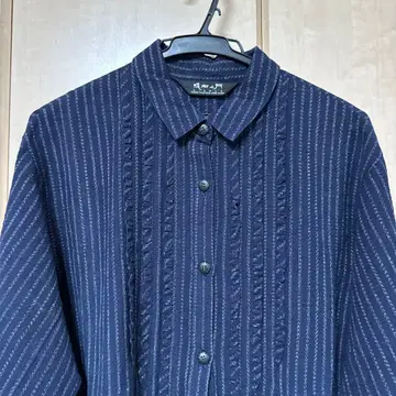 기우에몬 네이비 스트라이프 셔츠 원피스 긴팔