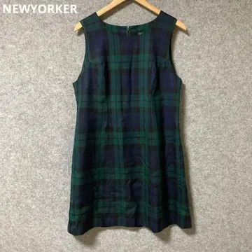 NEWYORKER 그린과 네이비 체크 슬리브리스 원피스