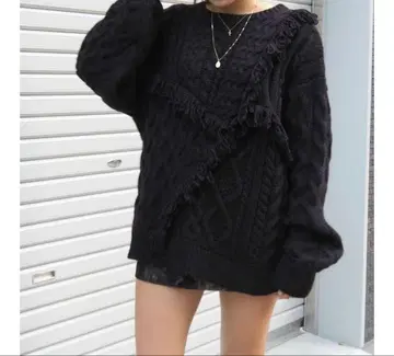 [ EVRIS ] 프린지 패치워크 케이블 니트 풀오버 블랙