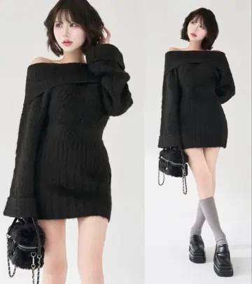 Darich 헤어리 오프숄더 니트 미니 원피스