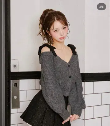 숄더 리본 V넥 니트탑