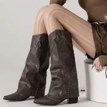 lilful 스터드 악센트 웨스턴 롱 부츠