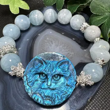 래브라도 라이트 고양이 아쿠아 마린 통통 하트 팔찌