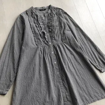 핑크하우스 면 로운 화이트 x 블랙 체크 무늬 피코 프릴 튜닉 블라우스