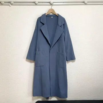 [새상품급] 롱 가운 코트 탁한 블루 벨트 포함 루즈핏 심플 M