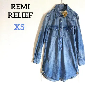 레미 리프 데님 원피스 골드 스터드 데미지 가공 하프 버튼