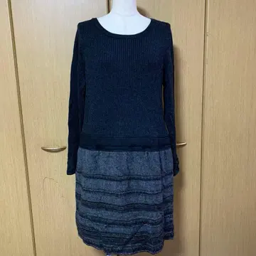 리브 편직 긴팔 무릎 기장 원피스