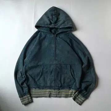 GRN 물들임 빈티지 가공 풀 집업 맨투맨 후드티 블루 SK8