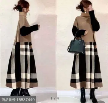 긴팔 체크 무늬 A라인 절개 심플 캐주얼 원피스 L