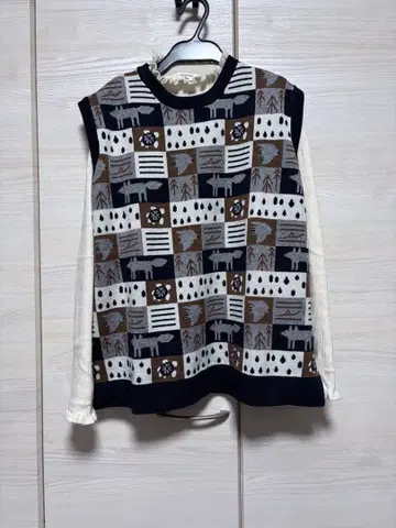 emago 기하학 패턴 니트 베스트 동물 자연 F 네이비 이번 시즌