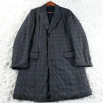 새상품급 SUNSEA 체크 무늬 울 충전솜 파이핑 가죽 체스터 코트