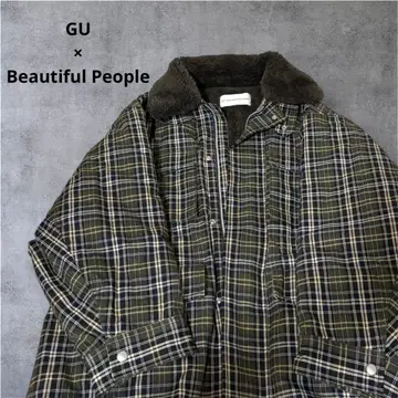GU x Beautiful People 콜라보 체크 무늬 보아 블루종