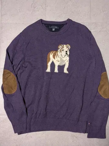 TOMMY HILFIGER 개 자수 스웨터 L 엘보 패치 보라색