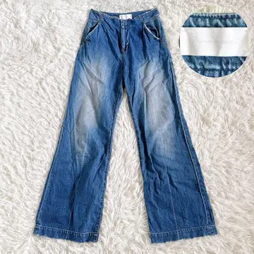 마메쿠로구치 데미지 가공 데님 와이드 팬츠 2 사이즈 인디고 블루