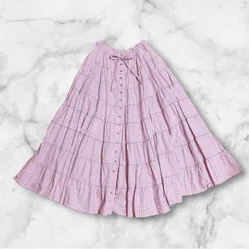 핑크하우스 깅엄 체크 패치워크 프릴 스커트 핑크