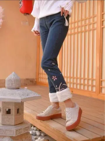벚꽃 자수 9부 청바지 데님 하이웨스트 팬츠 바지 오리지널 패션