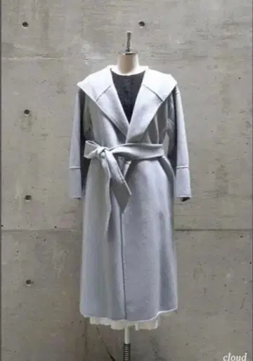 하립투 롱 코트 더블 페이스 벨트 후드 탁한 블루