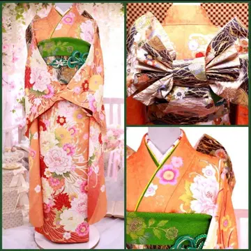 미사용 새상품! 오렌지 후쿠로 오비 후리소데 2세트
