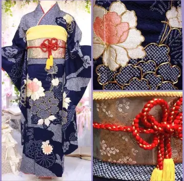 새상품급 네이비 컬러에 럭셔리 금 자수 후리소데 후쿠로 오비 세트