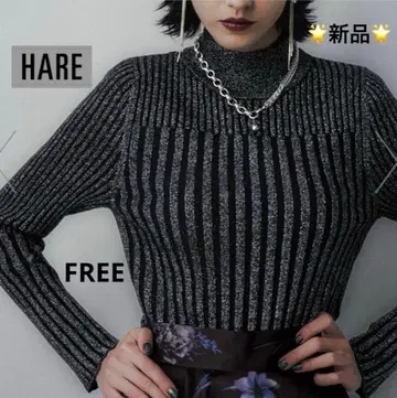 [ 택 포함 새상품 ] HARE 라메 랜덤 리브 니트 블랙 FREE