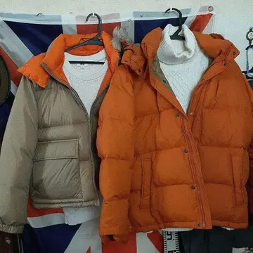 유니클로 오렌지 베이지 후드 부착 다운 자켓 세트
