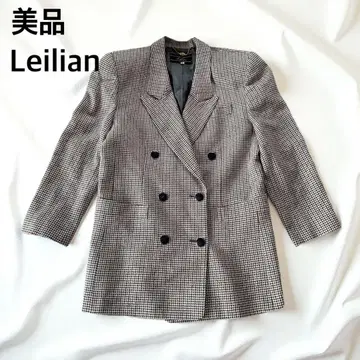Leilian 체크 무늬 더블 브레스트 롱 자켓 하운드투스 울 실크 혼방