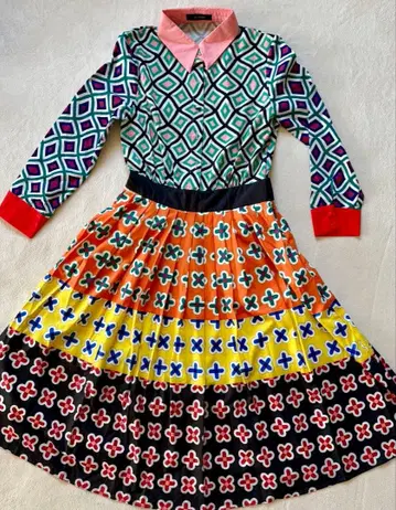 기하학 패턴 긴팔 레트로 패턴 원피스