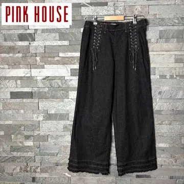 PINK HOUSE 핑크하우스 레이스업 블랙 데님 와이드 팬츠