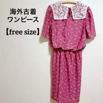 한 점뿐인 핑크 꽃무늬 레이스 옷깃 반팔 원피스 프리 사이즈