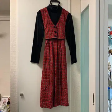 레드 블랙 체크 롱 원피스 구제 의류 빈티지 타탄 체크