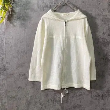 메이크레트 시어 니트 후드티 겉옷 7부 소매 집업 마 혼방 일본제 화이트