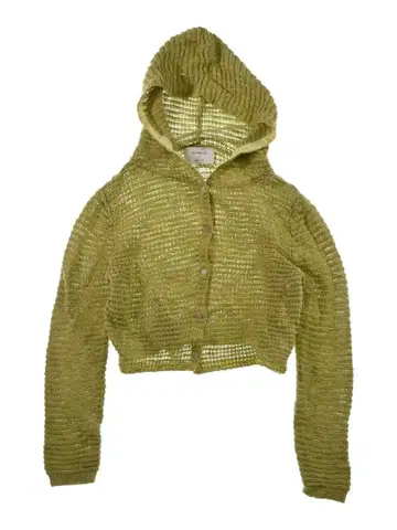 그린 후드 부착 메쉬 가디건 니트