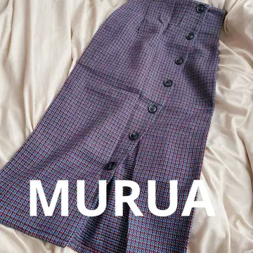 MURUA 하운드투스 체크 패턴 롱 스커트 레드 계열 M