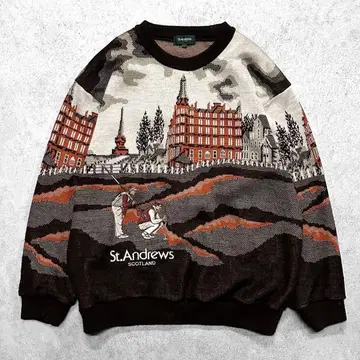 구제 의류 90s St.Andrews 풍경 골프 자수 레트로 니트 스웨터