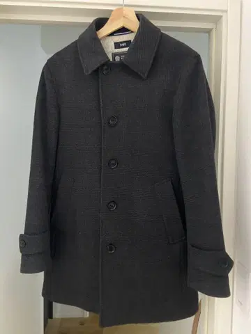 울 혼방 다크 그레이 체크 무늬 피 코트