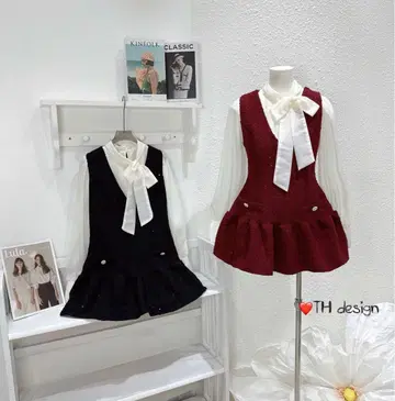 리본 포함 트위드풍 스커트 셋업