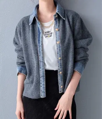 이소재 절개 데님 도킹 니트 가디건