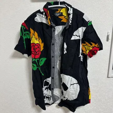 레어 Eight 스컬 장미 프린트 반팔 셔츠 M