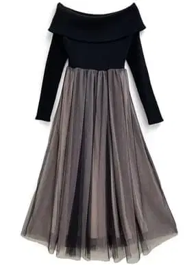 오프숄더 니트 튤 플레어 원피스