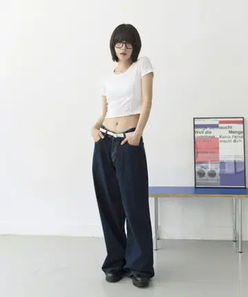 유누맨션 UNISEX 백 버튼 포인트 와이드 데님 팬츠 L 사이즈