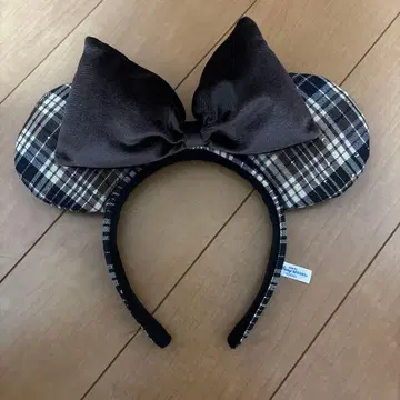 체크 무늬 미니 귀 디즈니 머리띠 브라운
